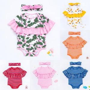 New Flounce Design Baby Romper Rabbit headband set High Quality Stripe Cartoon camouflage print Newborn Kids Rompers Jumpsuits