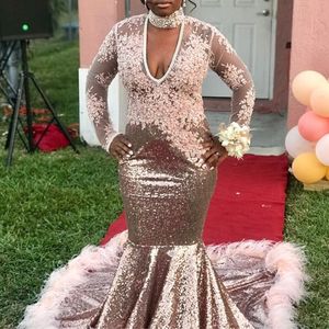 Fascinating Sequins Feather Prom Dresses Beads High Neck Lace Appliques Long Sleeve Party Dress Custom Made Fashion Mermaid 2K18 Prom Dress