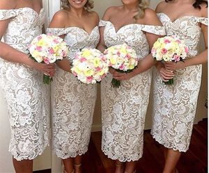 Designer Cheap New Full Lace Tea Length Sheath Bridesmaid Dresses Off Shoulder Wedding Party Maid Of Honor Dress Formal Gowns