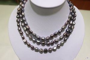 Bella collana lunga grigio-nera fatta a mano collana di perle d'acqua dolce 114cm barocche 8x10mm gioielli di moda