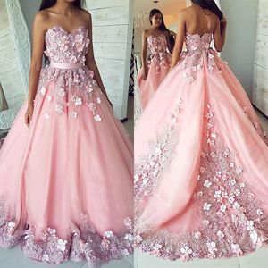 アラビアの花のウエディングのドレス長いフォーマルな赤面ピンクの甘い16ドレス恋人3 dフローラルアップリケビーズジッパーアップロングイブニングパーティーガウン
