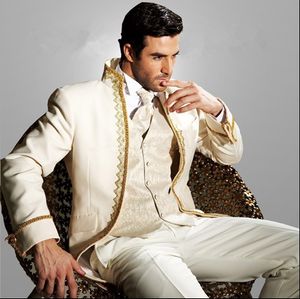 Royal British Style Stand Collar Ivory Groom Tuxedos Men Wear Wedding Prom Dinner Passar Custom Made (Jacka + Byxor + Tie + Vest) Nej; 731