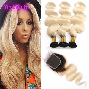 Brazilian Human Hair Mink 1B/613# Blonde Body Wave 3 Bundles With 4X4 Lace Closure Middle Three Free Part Body Wave Wefts With Closure