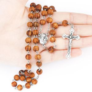 Catholic Rosary Necklace Wooden Beads Jesus Cross Pendant Necklace Prayer Beaded Religious Necklaces
