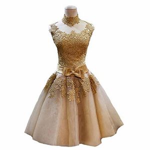 2017 Sexy High Neck Appliques A-Line Prom Dresses With Bow Knee-Length Plus Size Evening Formal Party Gown BP13