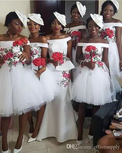 アフリカのナイジェリアの花嫁介添人ドレス2018新しい到着肩のライン膝丈ホワイトサテンとチュールの結婚式のゲストドレス