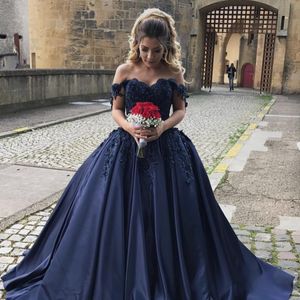 Navy Blue Off shoulder Wedding Dress Cheap Ball Gown Satin Applique Beads Sequined Lace Corset Back Vintage Wedding Bridal Gown Dresses New