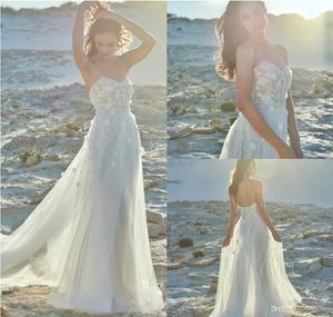 2019 New Beach Wedding Dresses Sweetheart Lace Appliques Sweep Train Custom Made Beaded Boho Wedding Dress Sleeveless Plus Size Bridal Gown