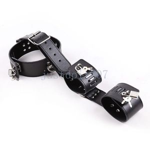 Locked Neck to Arm armbinder Restraint Collar Wrist Cuffs Binder Faux leather #R43