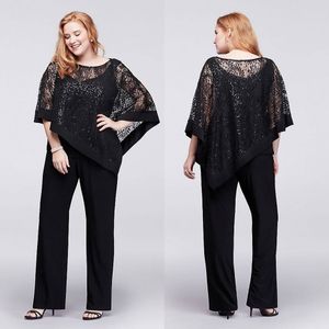 Sparkly Sequined Long Sleeves Mother Of The Bride Pant Suits Jewel Neck Lace Wedding Guest Dress Plus Size Chiffon Mothers Groom Dresses