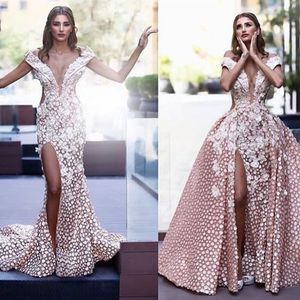 Charming Alças Prom Dress Com destacável Overskirt apliques florais Side Dividir Lace Mermaid vestido de festa Moda Dubai Vestido