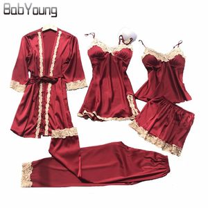 Babyoung 2018 Verão Mulheres Silk Bride Robe Tops Shorts Pajamas Sexy Manga Longa Vestas De Casamento Set Camisole Lace Nightwear 5 Pcs