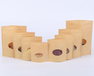 500pcs/lot Standing Kraft Paper Bags with Round Window Yellow Kraft Pack Storage Dried Food Fruits Tea Electronic Product Pouches