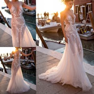 Gali Karten 2018 Boho 웨딩 드레스 롱 슬리브리스 비치 섹시한 레이스 Appliqued Illusion Bodice Bridice Gowns vestido de novia