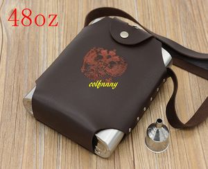 10sets/lot Fast shipping 48 oz Stainless Steel Hip Flask Portable 48oz Pocket Liquor bottle with funnels & leather case