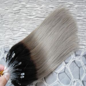 Ombre grå mikro ringslinga hårförlängningar 100g 1g / stativ silver ombre micro hårförlängningar rak mikro länk mänskliga hårförlängningar