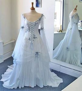 Vintage Celtic Corset Evening Dresses With Long Sleeve Plus Size Sky Blue Medieval Halloween Prom Party Gowns Gothic Corset Pagean2434