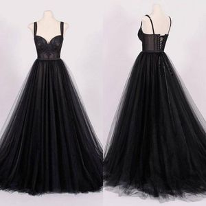 Real Sample 2018 Vintage Black Tulle Wedding Dresses With Lace Applique Spaghetti Straps Sweetheart Lace Up Back Bridal Gowns EN11208b