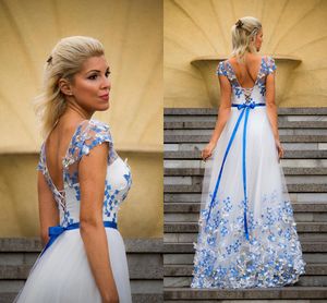 2018 Blue White Floral Tulle Evening Dresses Sheer Neck Cap Sleeves Ribbon Sash Backless Formal Prom Dresses Lace Up