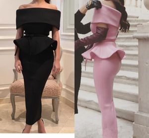 Sexy Black Evening Dresses Sheath Satin Off the Shoulder Tea Length Ruffles Cocktail Dresses Short Sleeve Party Gowns Cheap 2017