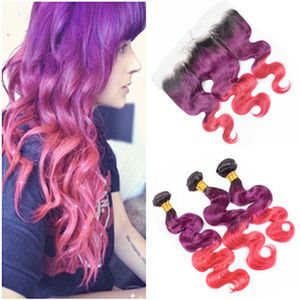 Três tom Ombre peruanas cabelo humano Pacotes Weave com Lace frontal Encerramento 13x4 onda do corpo # 1B / roxo / rosa Ombre tramas do cabelo com Frontal