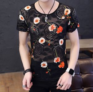 Mens Clothing Hollow Out Lace Rose Embroidery Design Fashion T shirts Crew Neck Breathable Male Tops Size M-3XL