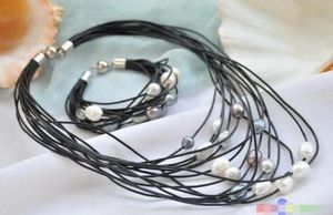 Wholesale price 16new ^^^^P5235 15row 13mm gray black white rice pearl black leather necklace & bracelet