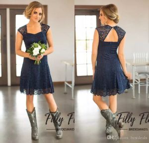 Short Navy Blue Lace Bridesmaid Dresses Capped Sleeves Knee Length Maid of Honor Gowns Country Bridesmaid Dress315g