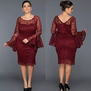 Wholesale evening gowns for wedding guests resale online - Dark Red Mother Of The Bride Dresses Jewel Neck Long Sleeve Full lace Knee Length Wedding Guest Dress Sheath Evening Gowns