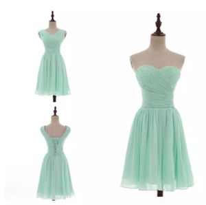 Estilos mistos plissados ​​Curto Chiffon país dama de honra vestidos de menta verde joelho comprimento casamento dama de honra vestidos 100% reais fotos