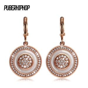 Stud Fashion Unique Exquisite Carved Hollow 585 Rose Gold Circle Round White Ceramic Earrings Women Wedding Party Fine Trendy Jewelry