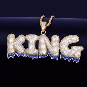 Nome personalizzato Blu Drip Bubble Lettere Pendenti Collane da uomo Gioielli hip-hop in zirconi con catena in corda d'argento oro per regalo