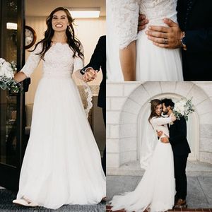 A-line Ivory Lace Modest Wedding Dresses 2018 With Half Sleeves Boat Neck Short Sleeves Informal Dresses Boho Country Bridal Gowns