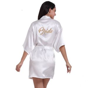 New Women's Bronzing Gold Powder Short Kimono Robe Satin Silk Bridesmaid Wedding Robes Sleepwear Dressing Gown