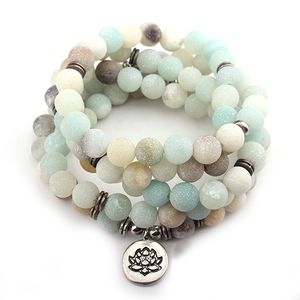 Moda Mulheres Pulseira Matte Fosco Fosco Beads Amazonite com Lotus Om Buda Charme Pulseira Ioga 108 Mala Colar