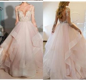 Tiered Skirt Long Sleeve Illusion Prom Dresses Cheap 2022 Sheer Neckline Lace Applique Ruffles See Though Back Party Dress Evening Gowns