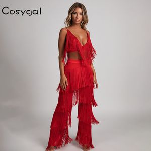 COSYGAL Kırmızı Tam Püskül Seksi Tulum Tulum Kadınlar Yeni Moda Iki Parçalı Takım 2018 Zarif Parti Gece Clubwear Yaz Tulum