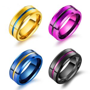 Мода Titanium Steel Groove Кольца Оптовая 8 ММ Красочные Кольца Золото Фиолетовый Черный Синий Блестящий Кольцо Для Мужчин Женщин
