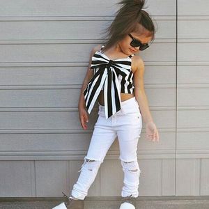 Kleinkind Kinder Mädchen Kleidung Sets Gestreiften Großen Bogen T-shirt Crop Top + Lange Loch Jeans Hosen Mädchen Outfit Kinder Kleidung Set