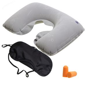 U Shaped Travel Pillow + Eye Mask + Earplugs Neck Pillow Inflatable Portable Car Headrest Soft Air Cushion