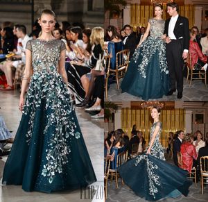 Zuhair Murad Gelinlik Modelleri Kısa Kollu Jewel Boyun Dantel Aplikler Boncuk Kat Uzunluk Akşam Elbise Parti Bir Çizgi Resmi Önlük Giymek