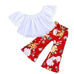 Weiße Baby-Spitzen-Outfits, schulterfreies Oberteil für Mädchen + florale Schlaghosen, 2 Stück/Set, Sommeranzug 2018, Boutique-Kinderkleidungssets C3900