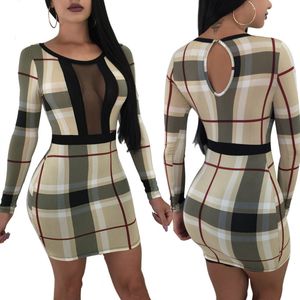 Kobiety Plaid Sukienka Kobiety Okrągły Neck Z Długim Rękawem Slim Fit Krótka Sukienka 2018 Wiosna Elegancka praca Ol Bodycon Mini Dress Robe Vintage Suknie