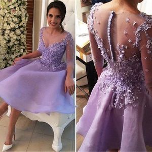 Fairy Lavender Prom Dresses 3-D Floral Appliqued Sheer Illusion Jewel Long Sleeves Evening Gown Knee Length Short Formal Party Gowns