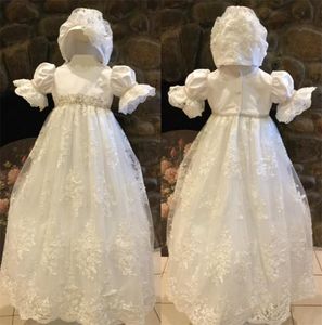 Cute Ivory White First Communion Dresses Puff Sleeve Custom Made Lace Applique Beads Belt Jewel Neck Hat A Line Pageant Gowns