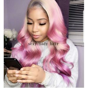 Ny stil långa vågiga syntetiska peruker blond ombre rosa spetsfront peruk syntetisk värmebeständig för svarta kvinnor kan bli flätade
