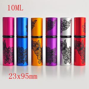 100 sztuk / partia 10ml Refillable Drukuj kwiat Aluminium Spray Perfumy Butelka Pusta Atomizer Parfum Butelka do podróży 6 kolorów