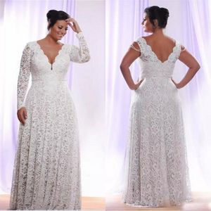 Cheap Full Lace Plus Size Wedding Dresses With Removable Long Sleeves Deep V Neck Bridal Gowns Floor Length Sheath A Line Wedding Gown