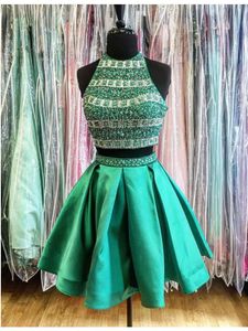 Verde 2 Peças Curtas Vestidos Homecoming 2018 Barato Sheer Neck Com Cristal Bling strass Uma linha de Cetim Real Photo Graduation Party Dress