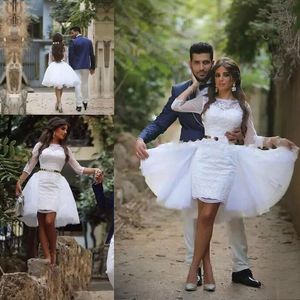 2020 Arabic Dubai Lace Short Beach Wedding Dresses with Detachable Skirt Bateau 3/4 Long Sleeve Mini Bridal Gowns Reception Custom Made